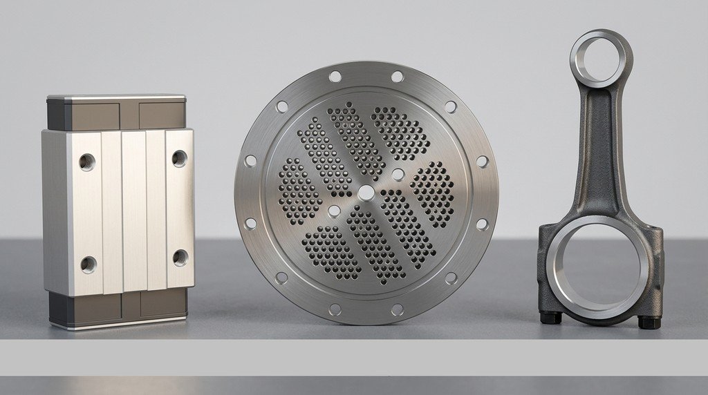 Werkstücke aus Aluminium, Edelstahl und Gusseisen zur Werkzeugauswahl