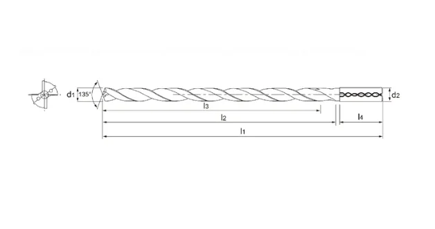Diagramm eines langen Bohrers mit den Durchmessern d1 und d2, den Längen l1, l2, l3 und l4 und dem Spitzenwinkel bei 135°
