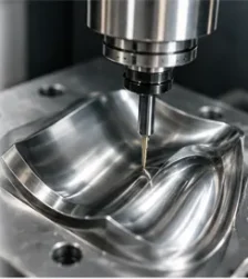 Fräswerkzeug über einem Metallstück mit gekrümmten Oberflächen